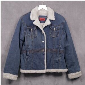 VTG Y2K Faux Fur Lined Denim‎ Jacket Sherpa Trucker Indie Retro Blue Sz XL